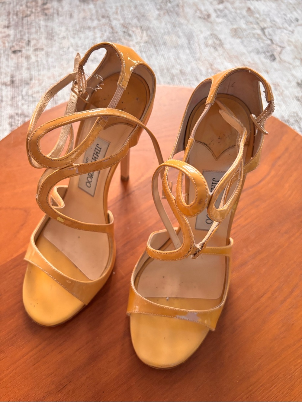 Jimmy Choo Yellow Patent Leather Strappy Stiletto Sandals